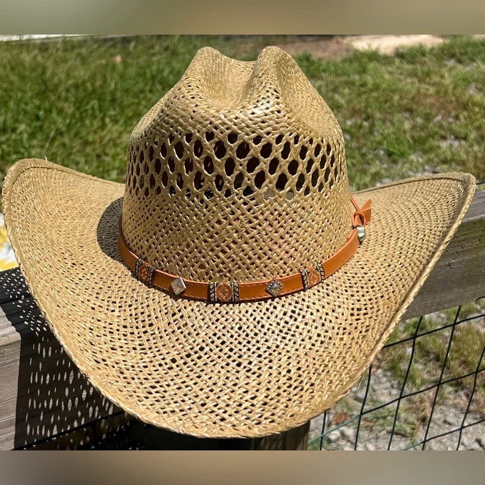 🤠 Moks Man Straw Cowboy / Cowgirl Hat With Decorative Leather Strap🤠 - Picture 1 of 12